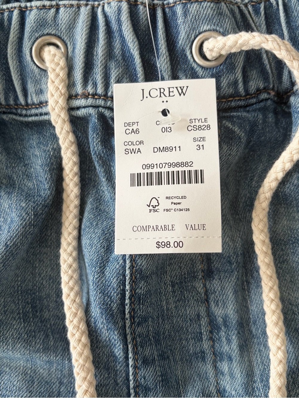 J.Crew Denim Drawstring Shorts NWT size 31 Relaxed Fit Lightweight Elastic Waist - Picture 3 of 9